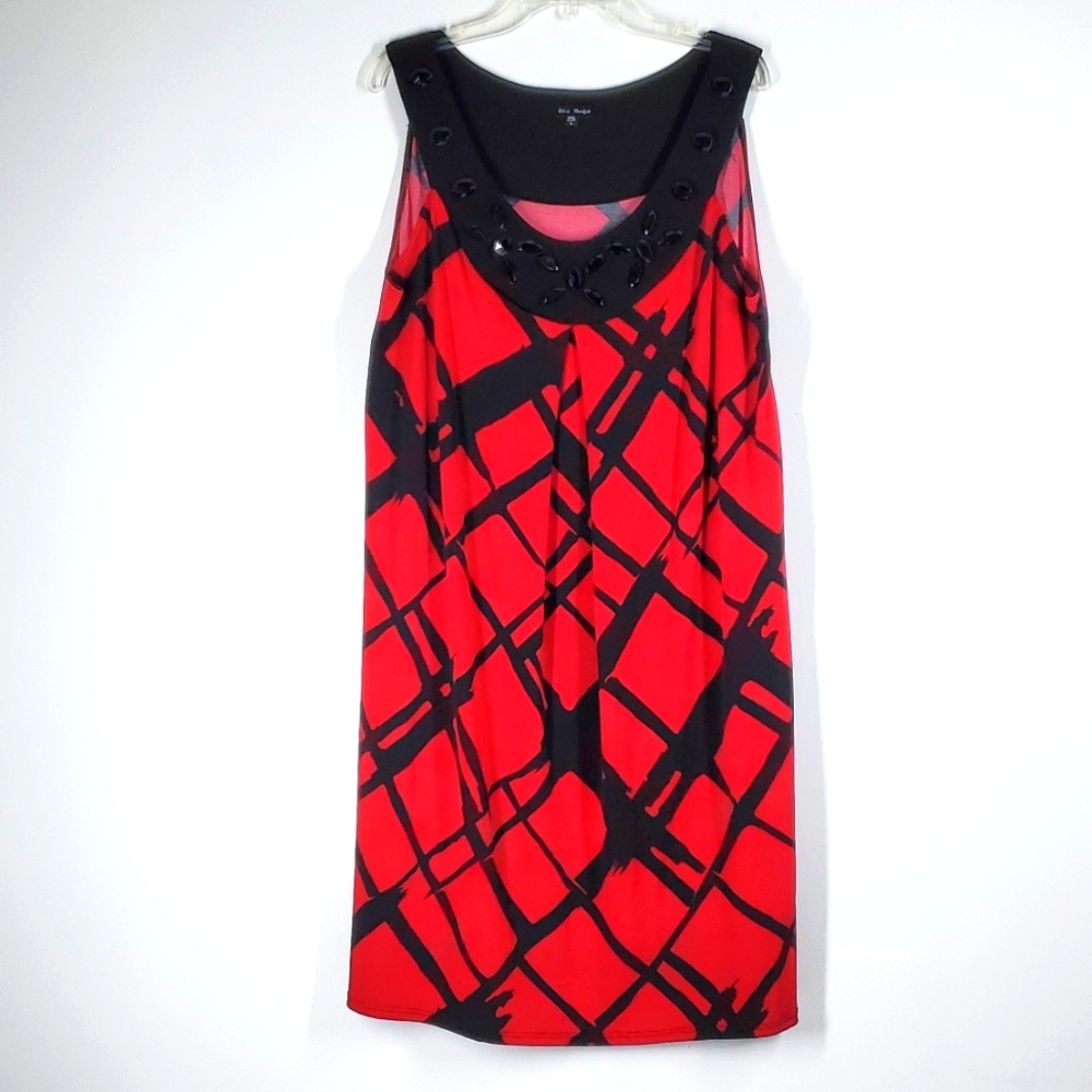 Blu Sage Red Black Abstract Beaded Sleeveless Shift Dress Size Large